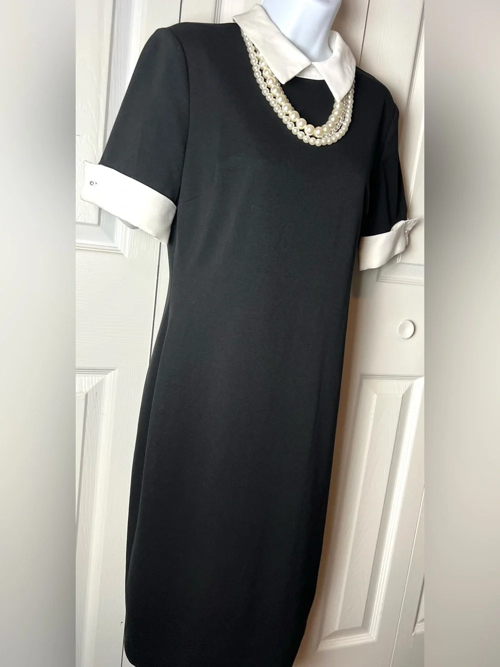 KARL LAGERFIELD Paris Dress Shift Peter Pan Collar Pearls Black White Designer - Picture 6 of 11